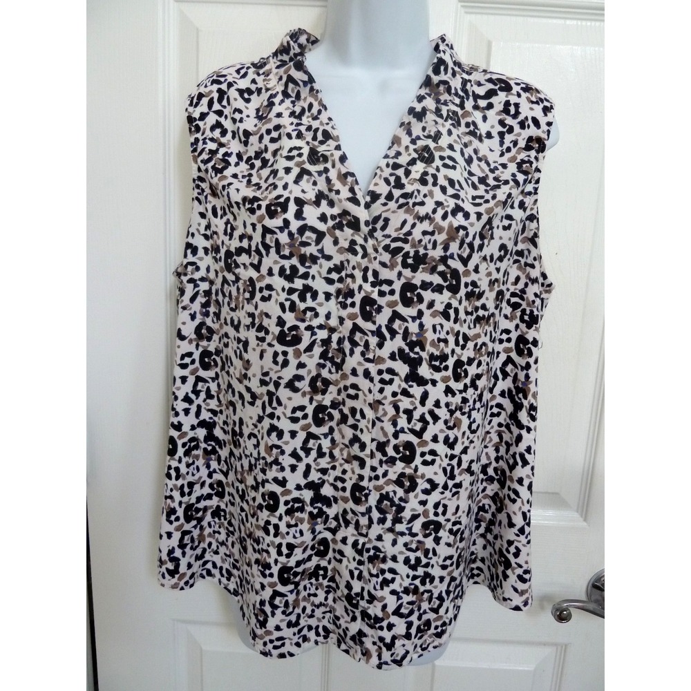NIC + ZOE XL Sleeveless Blouse Pullover V-Neck Abstract Spotted White Beige